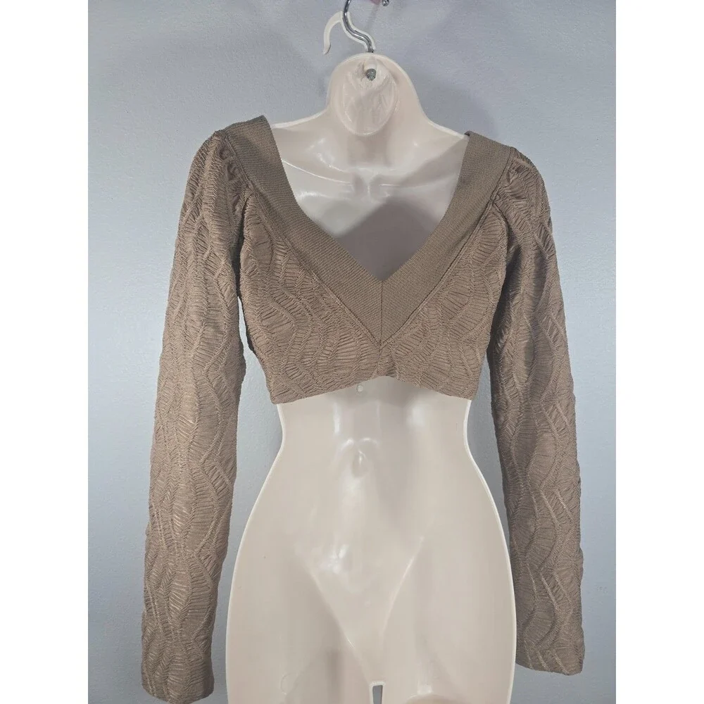 Free People Oakley Crop Top Size Small Textured Brown Cappuccino Stretch AD